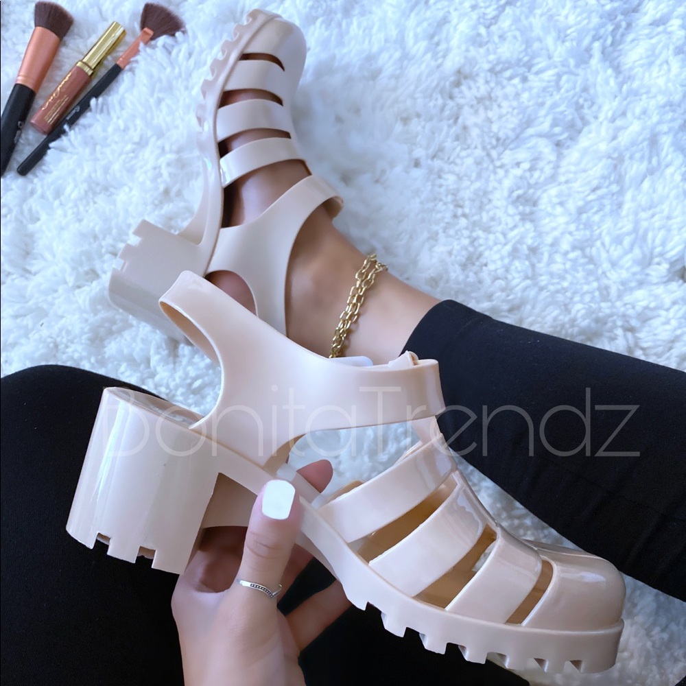 Beige Caged Gladiator Jelly PVC Chunky Sandals